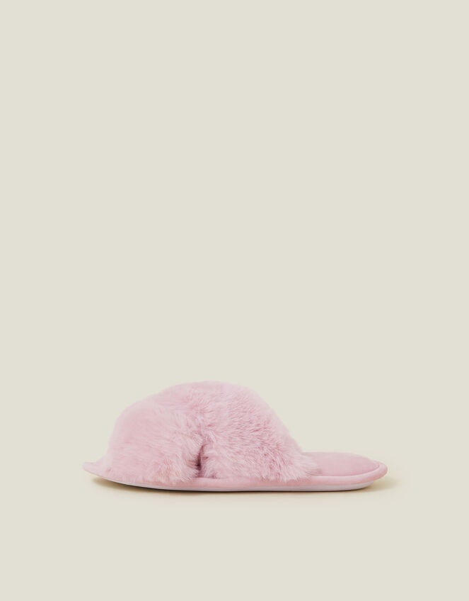 Luxe Cross Strap Faux Fur Slippers, Pink (PINK), large