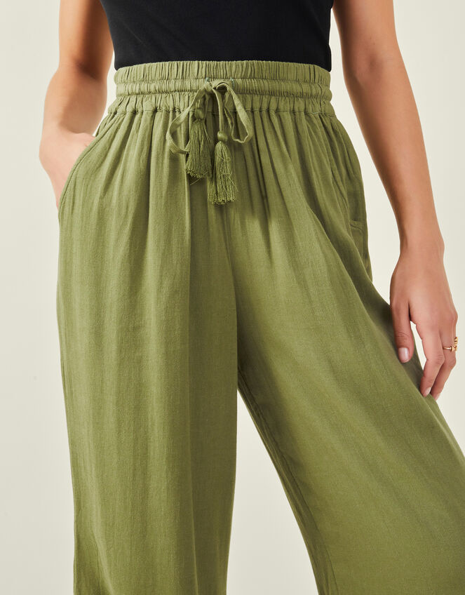 Embroidered Wide Leg Trousers, Green (KHAKI), large