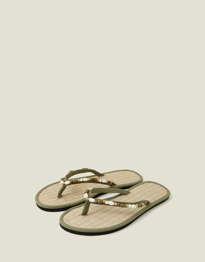 Beaded Seagrass Flip Flops, Green (KHAKI), large