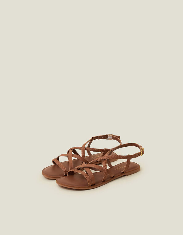 Plaited Leather Sandals, Tan (TAN), large