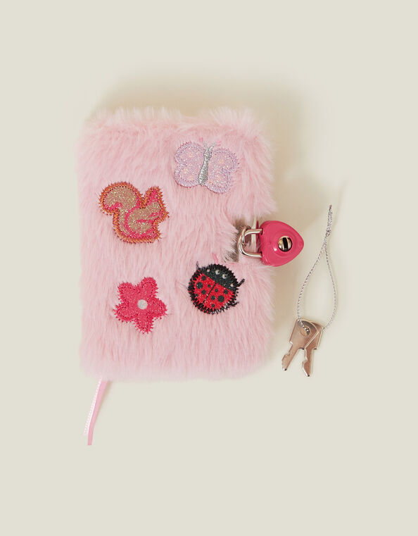 Girls Fluffy Badge Lockable Journal, , large