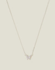 Sterling Silver-Plated Diamante Butterfly Pendant Necklace, , large