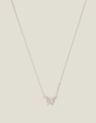 Sterling Silver-Plated Diamante Butterfly Pendant Necklace, , large