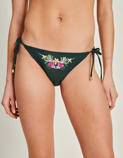 Embroidered Flower Tie Bikini Bottoms, Green (DARK GREEN), large