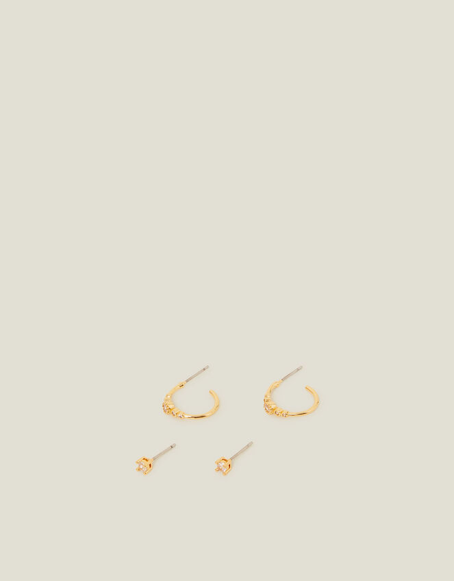 14ct Gold-Plated Diamante Stud and Hoop Earrings, , large