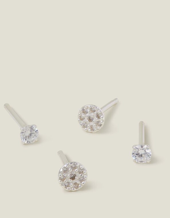 2-Pack Sterling Silver Diamante Stud Earrings, , large