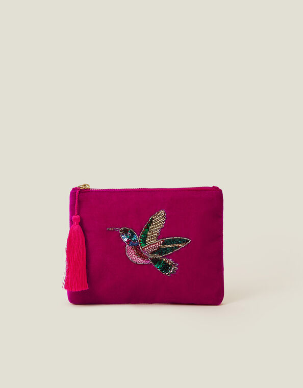 Embellished Hummingbird Velvet Pouch, , large