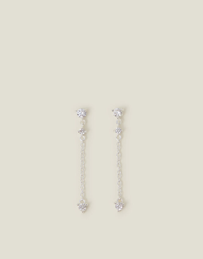 Sterling Silver Diamante Long Drop Earrings, , large