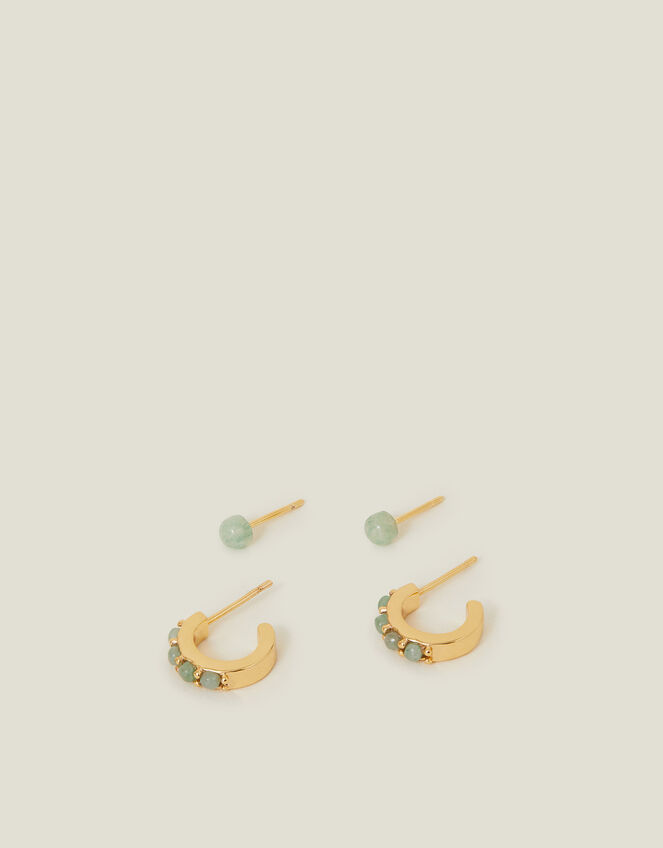 2-Pack 14ct Gold-Plated Aventurine Stud and Hoop Earrings, , large