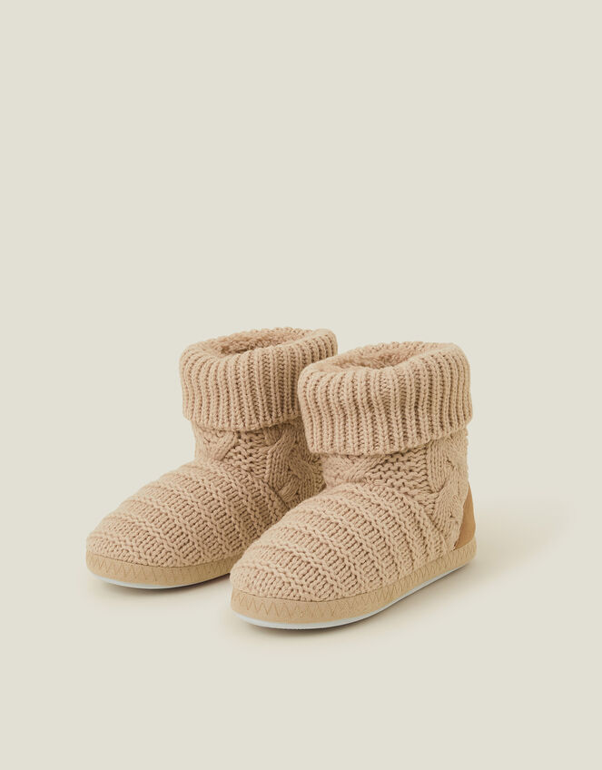 Chunky Cable Knit Slipper Boots, Camel (CAMEL), large