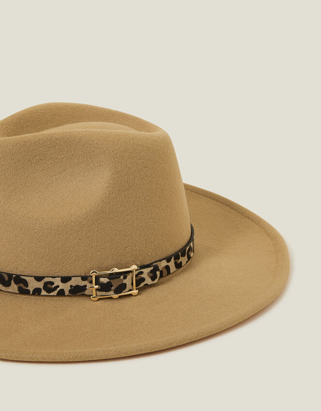 Belted Leopard Trim Fedora Hat, , large