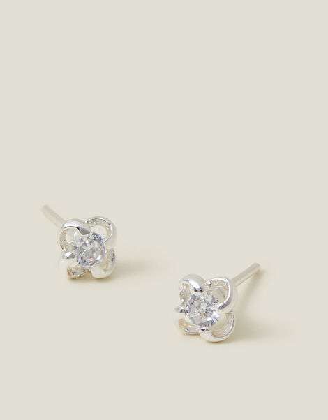 Sterling Silver-Plated Diamante Rose Stud Earrings, , large