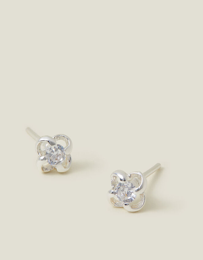 Sterling Silver-Plated Diamante Rose Stud Earrings, , large