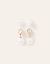 Tiny Pearl Stud and Short Drop Earrings Set of Two, Cream (PEARL), large