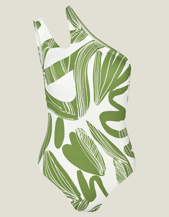 Squiggle Print Asymmetric Swimsuit, Green (OLIVE), large