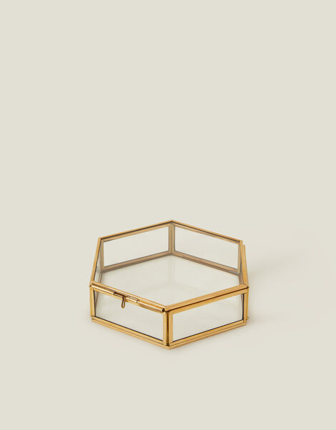 Medium Hexagon Brass Glass Jewellery Box, , large