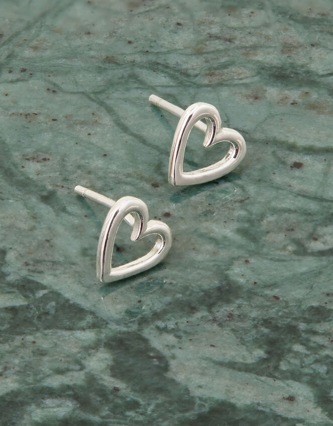 Sterling Silver Cut-Out Heart Studs, , large