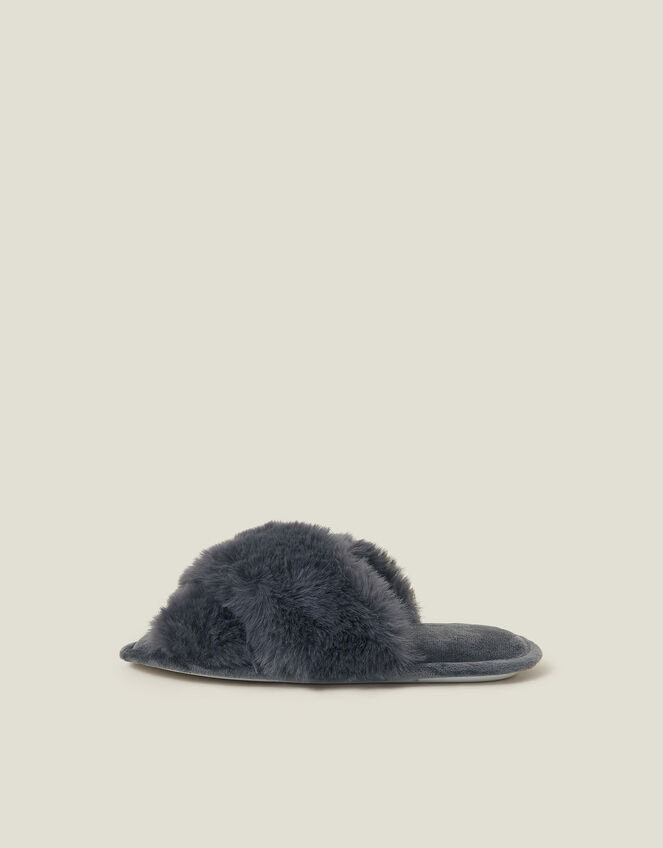 Luxe Cross Strap Faux Fur Slippers, Grey (GREY), large