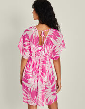 Palm Print Chiffon Beach Kaftan Dress, Pink (PINK), large