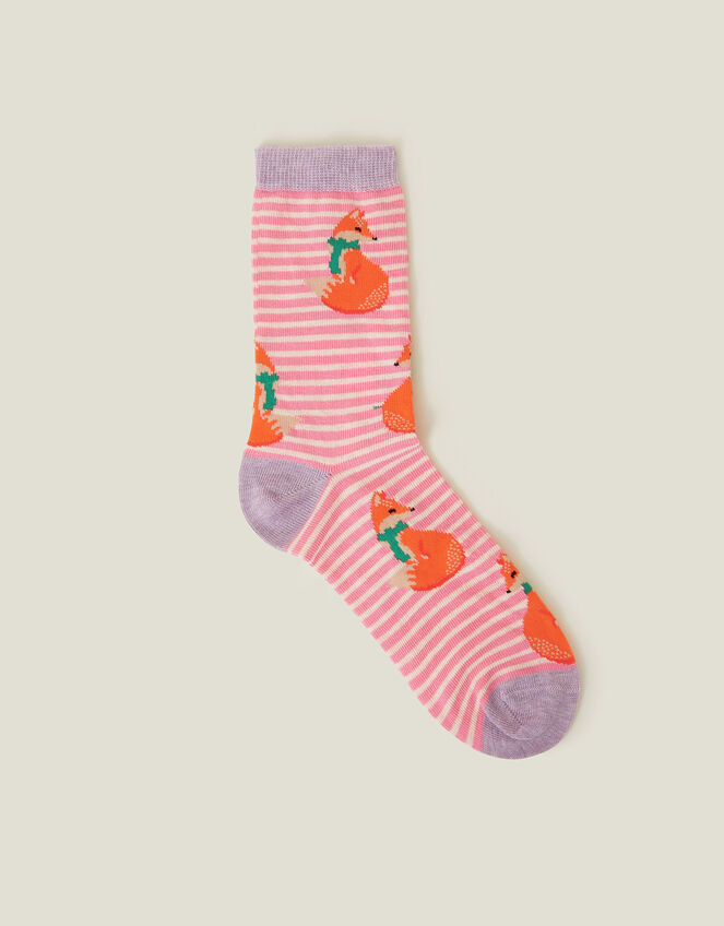 Stripe Fox Print Socks, , large