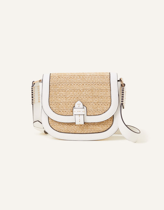 Raffia Flap Cross-Body Bag, White (WHITE), large