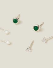 3-Pack Sterling Silver-Plated Green Quartz Studs, , large