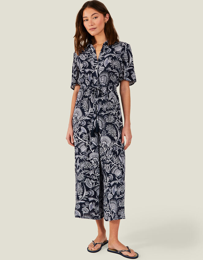 Fan Print Jumpsuit , Blue (NAVY), large