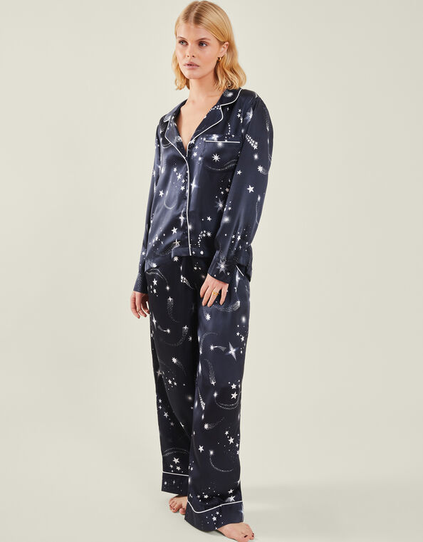 Star Print Satin Long Pyjamas Set, Blue (NAVY), large