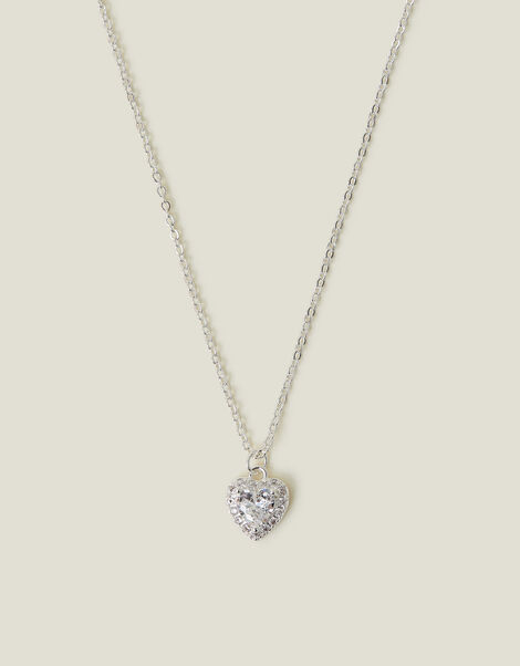 Sterling Silver-Plated Diamante Heart Pendant Necklace, , large