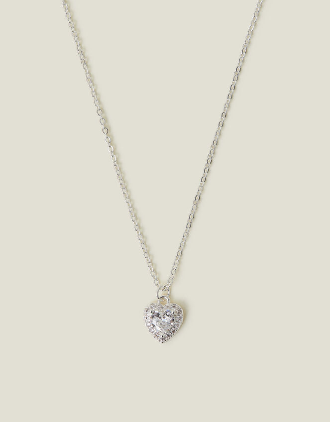 Sterling Silver-Plated Diamante Heart Pendant Necklace, , large