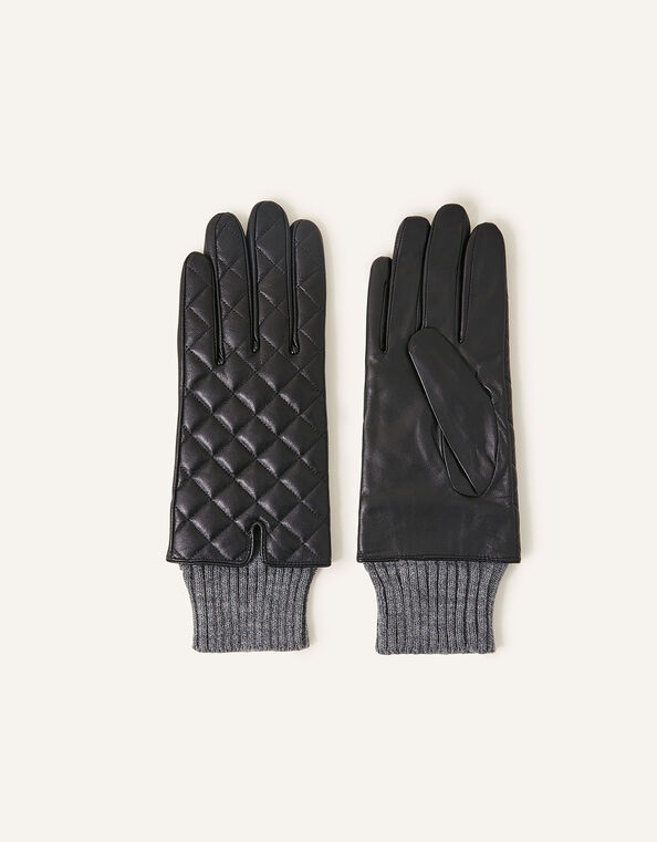 Quilted Leather Gloves, Black (BLACK), large