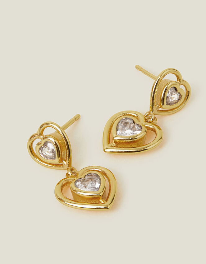 14ct Gold-Plated Diamante Heart Drop Earrings, , large