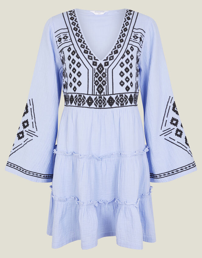 Embroidered Long Sleeve Mini Dress, Blue (BLUE), large