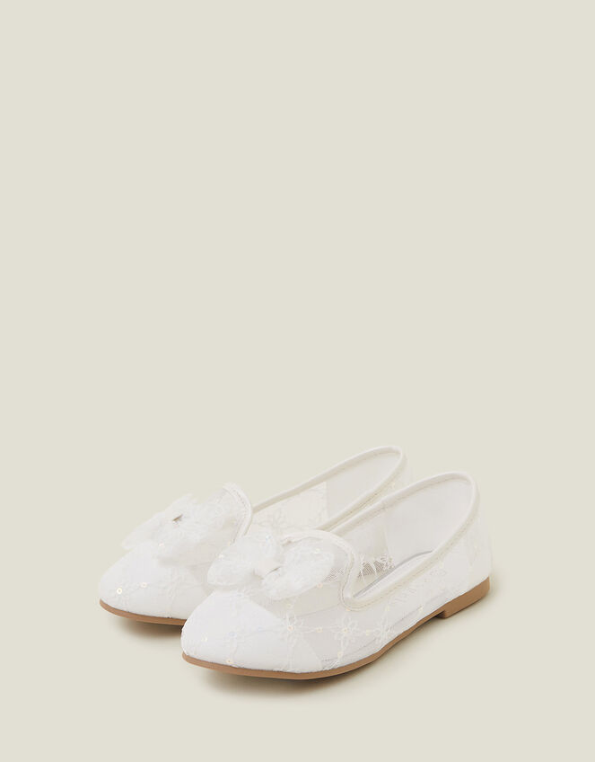 Girls Lace Bow Ballerina Flats, Ivory (IVORY), large