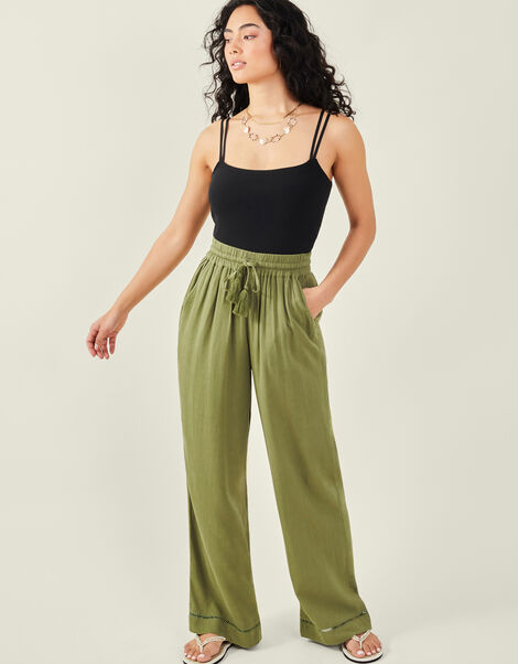 Embroidered Wide Leg Trousers, Green (KHAKI), large