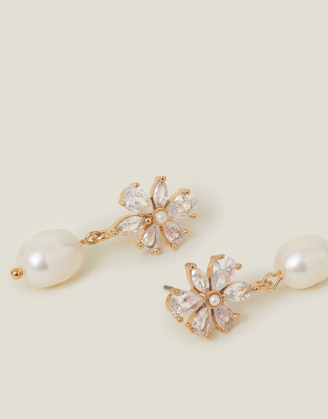 Crystal Flower Pearl Drop Earrings, , large