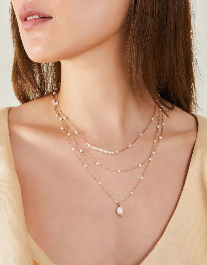 Layered Pearl Station Necklace, , large