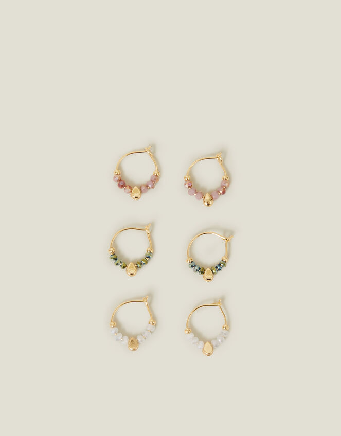 3-Pack 14ct Gold-Plated Mix Bead Hoop Earrings, , large