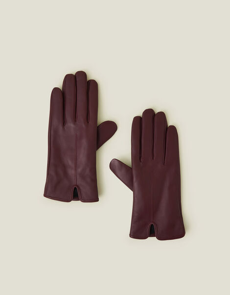 Fleece Lined Touchscreen Leather Gloves, Red (BURGUNDY), large