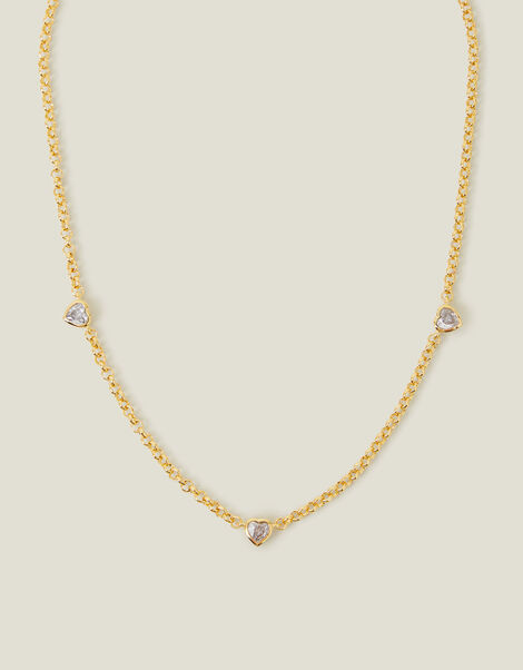 14ct Gold-Plated Diamante Heart Station Necklace, , large