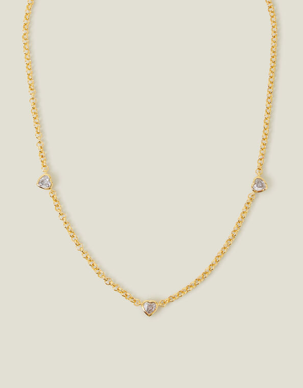 14ct Gold-Plated Diamante Heart Station Necklace, , large