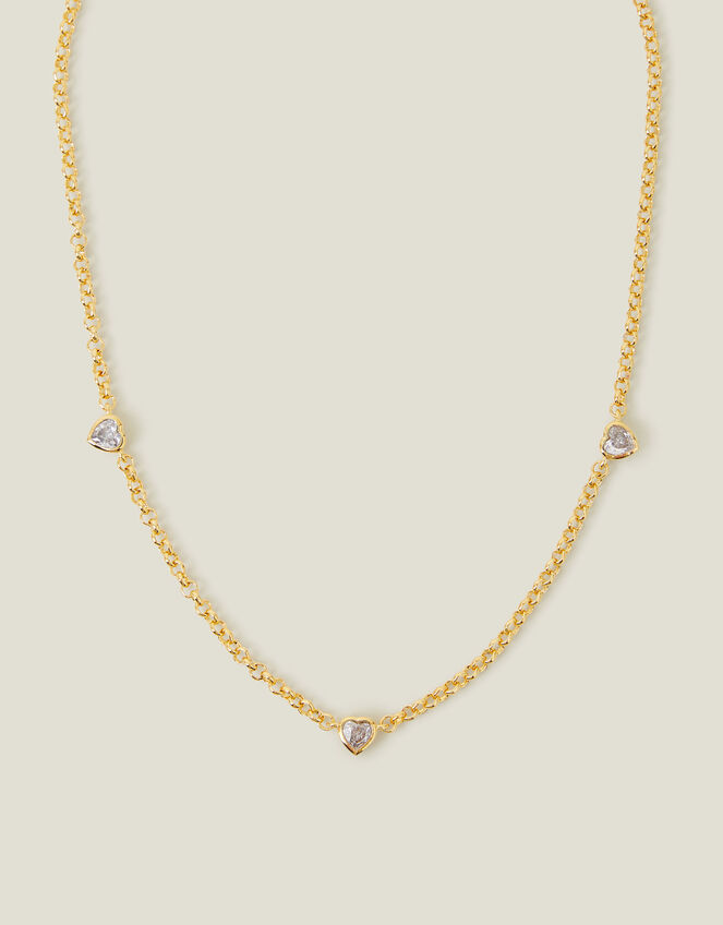 14ct Gold-Plated Diamante Heart Station Necklace, , large