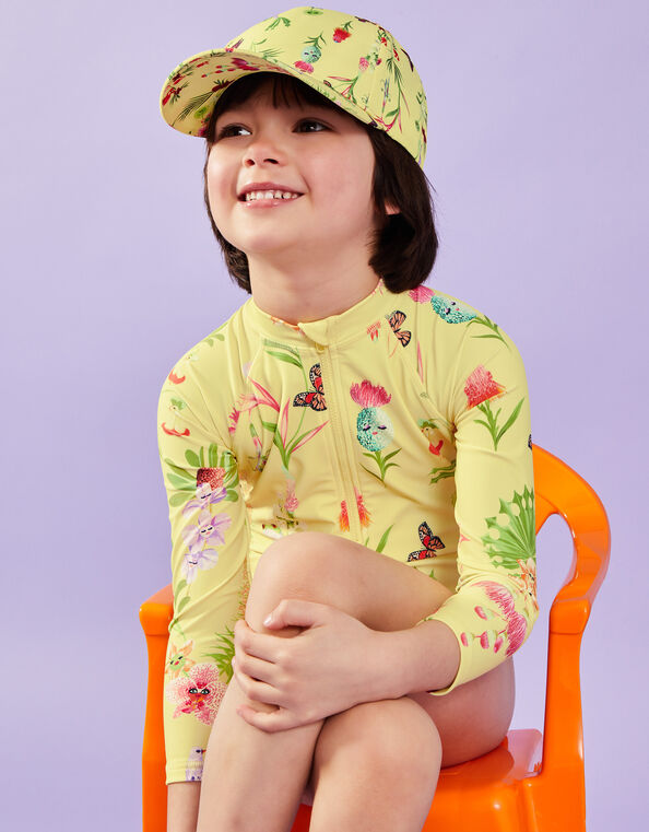 Girls Floral Print Cap, Yellow (YELLOW), large