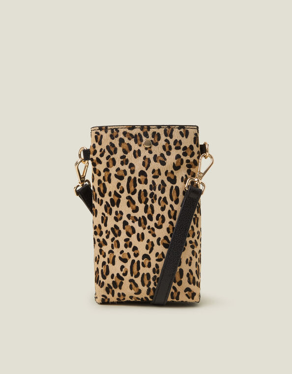 Leopard Print Leather Phone Cross-Body Bag, , large