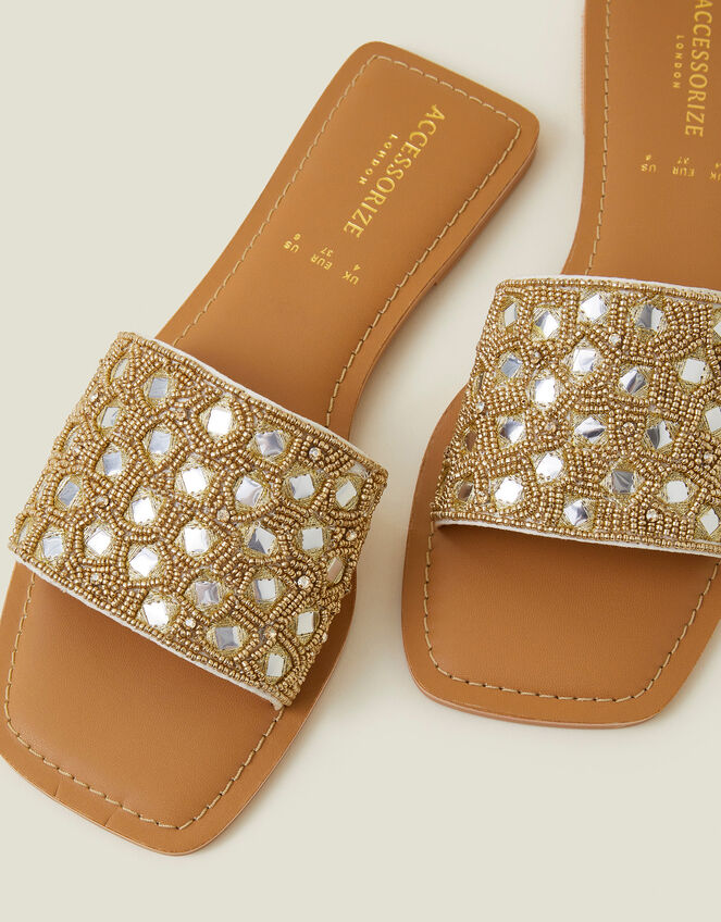 Bead Mirror Slide Sandals, Gold (GOLD), large