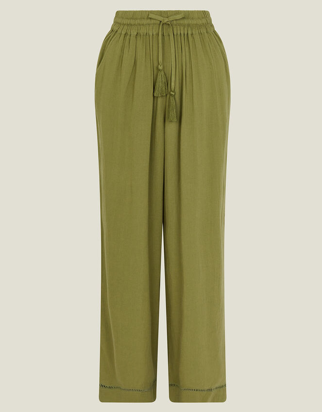 Embroidered Wide Leg Trousers, Green (KHAKI), large