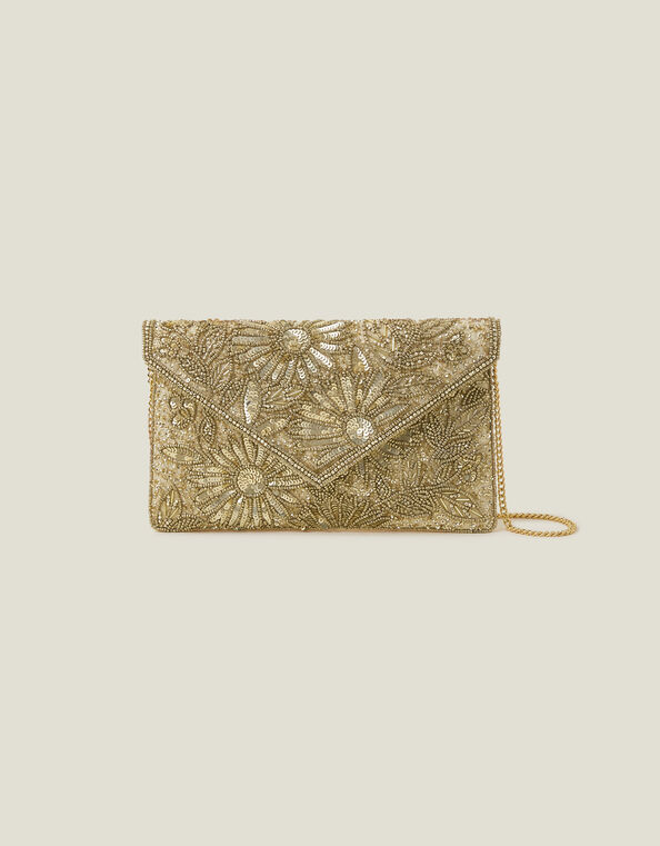 Tara Hand-Beaded Clutch Bag, Gold (GOLD), large