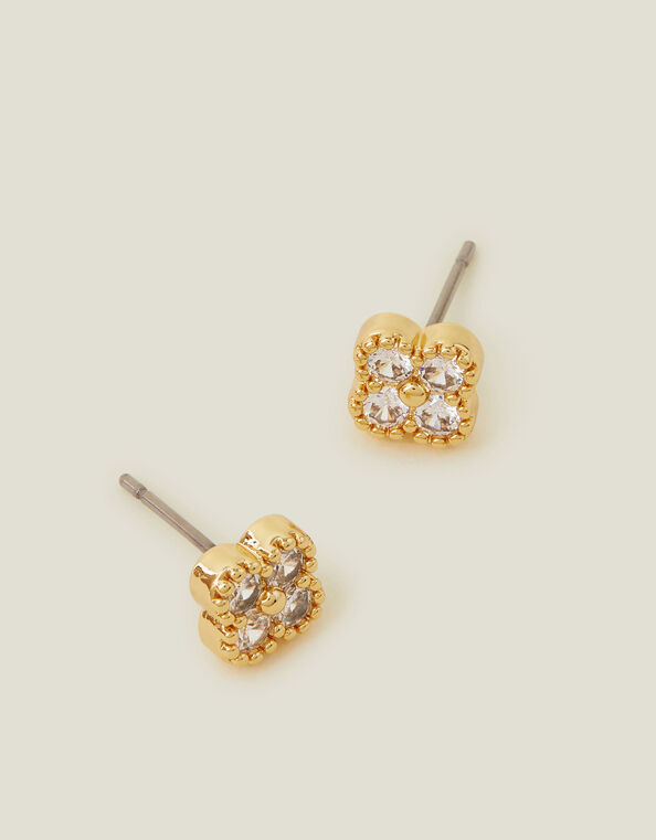 14ct Gold-Plated Diamante Flower Stud Earrings, , large