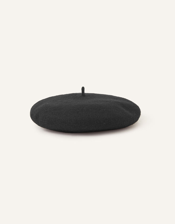 Beret Hat in Pure Wool, Black (BLACK), large