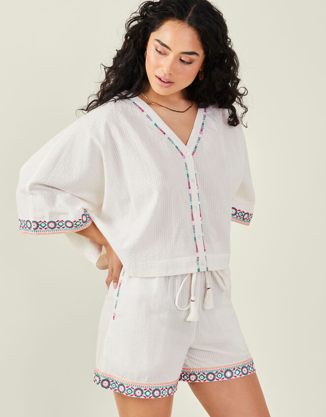 Seersucker Embroidered Top, White (WHITE), large